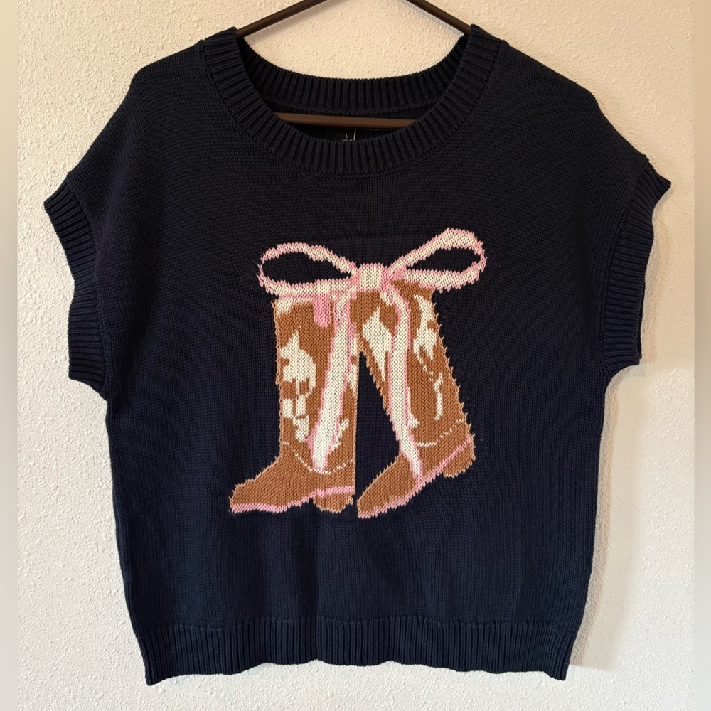 Blu Pepper Boots Bow Short Sleeve Jaquard Knit Sweater
